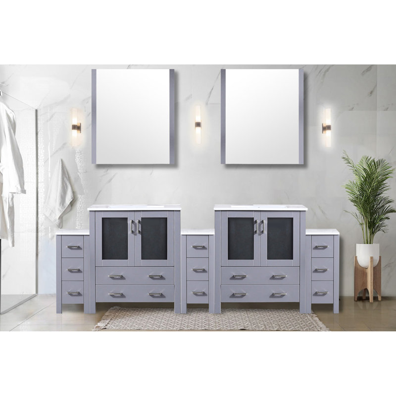 96 po Grand meuble-lavabo double gris foncé avec armoires latérales, comptoir en céramique, miroirs et rangement facile à utiliser