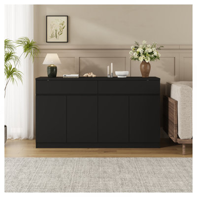 Buffet avec rangement, grand meuble de cuisine avec 2 tiroirs et 4 portes, table basse/buffet en bois pour cuisine/salle à manger, noir