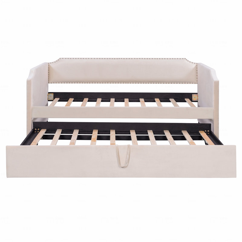 Twin Size Velvet Upholstered Design Daybed Frame With Pop Up Trundle, Beige