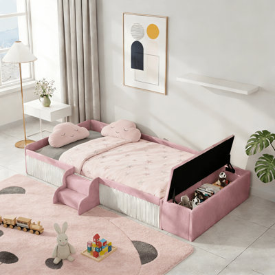 Modern Upholstered Montessori Bed With Storage Bench And Step Stool