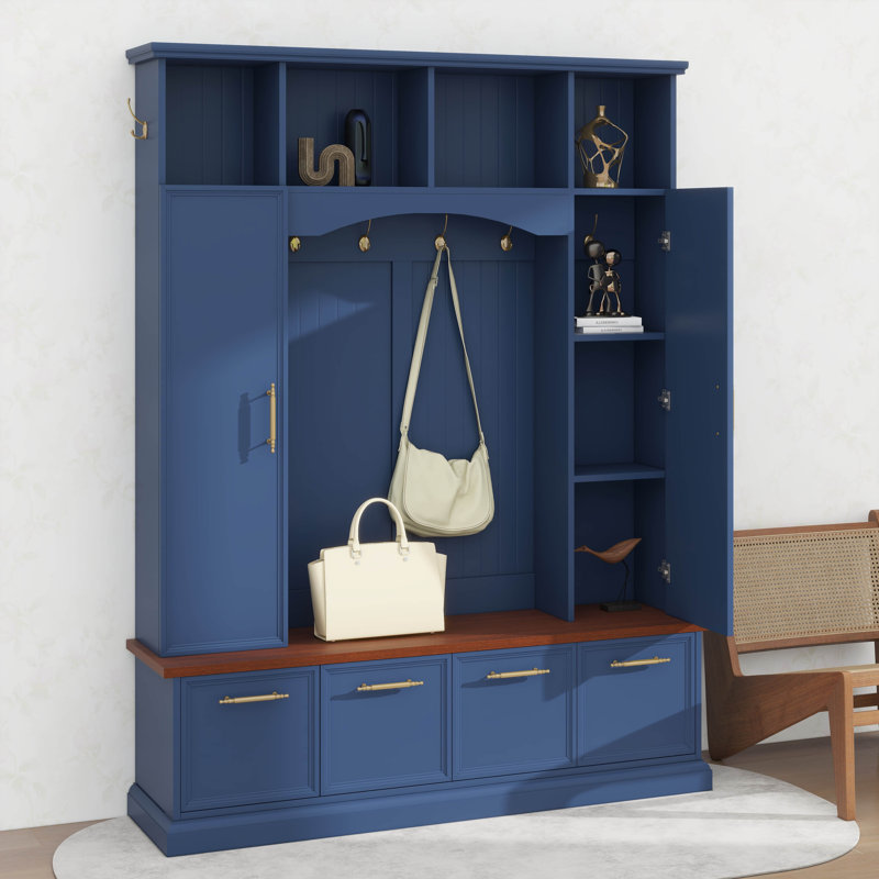 Arbre d'entrée avec crochets et poignées dorés, banc d'entrée pratique en noyer avec tablettes réglables, porte manteau et porte-chaussures style maison de campagne