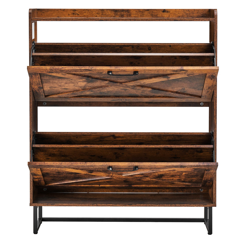 Armoire de rangement pour chaussures, brun, 2 tiroirs rabattables, pieds en métal, basculant, autoportant, idéal pour le salon, tablettes réglables pour tout type de chaussures