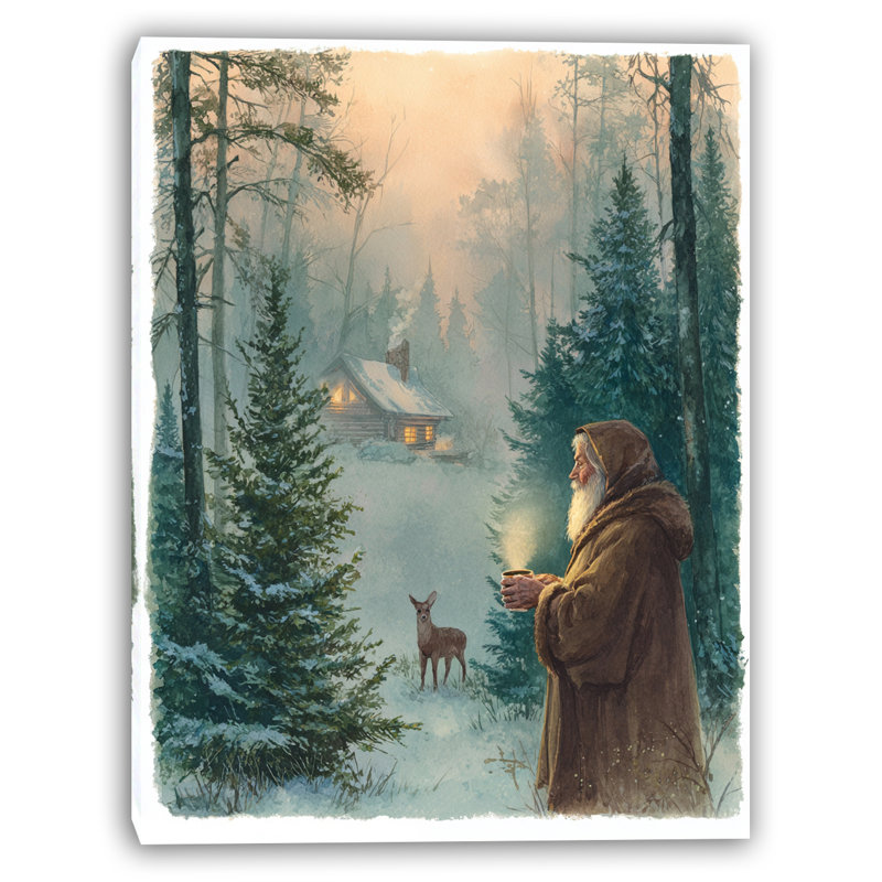 «Santa Near Cozy Cabin at Dusk», art mural sur toile tendue, H 24 po x l 16 po