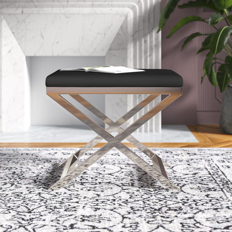 Tabouret d'appoint Axel, Argent, Cuir véritable noir