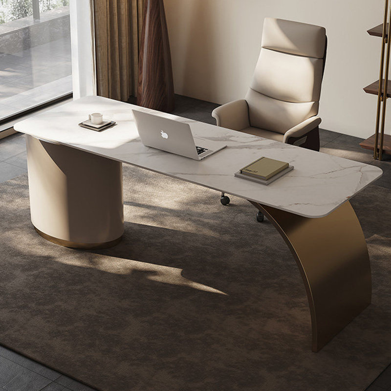 Bureau à 3 tiroirs doré + kaki fritté rectangulaire + bois manufacturé + acier inoxydable, Retour à droite