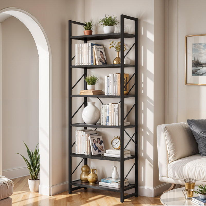Industrial Black 5 Tier Metal Bookcase with X Brace Frame Freestanding Shelf Organizer for Living Room, Home Office, or Bedroom