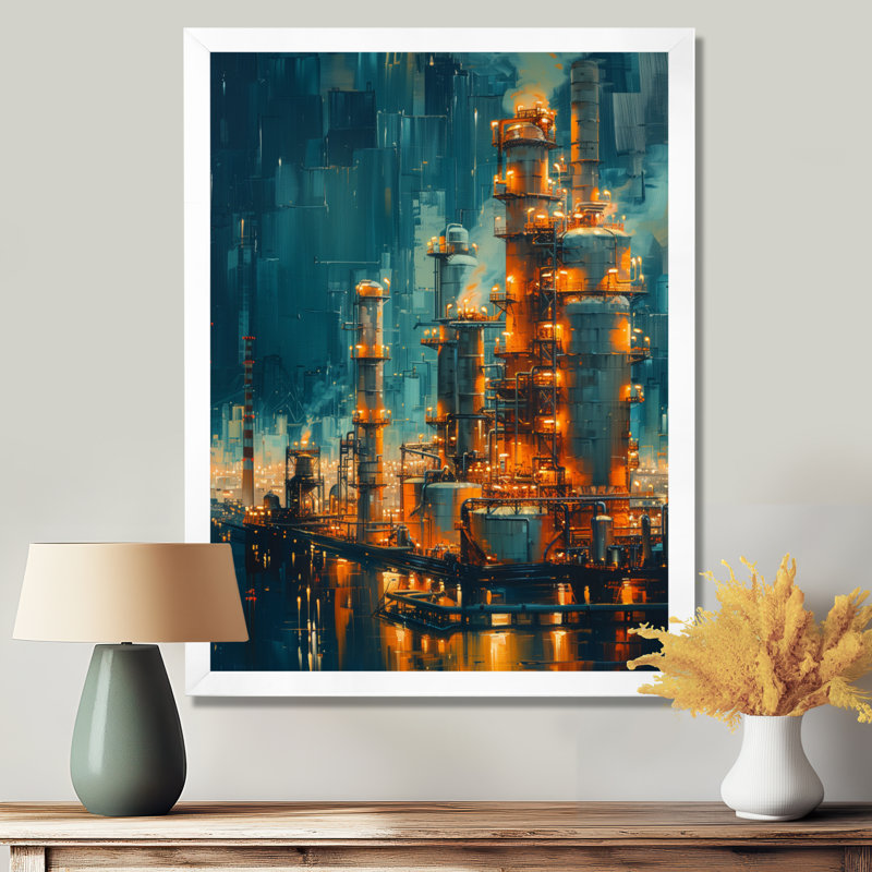 Reproduction d'art mural «Crude Oil Refinery At Night I - Factories», Toile encadrée blanche avec une seule photo