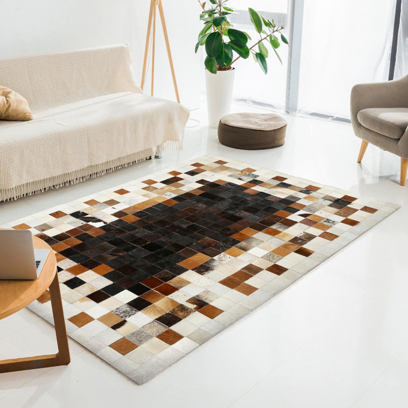Tapis patchwork en cuir de vache véritable noir et brun, Rectangle 8 pi 10 po x 12 pi