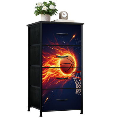 Dresser for Bedroom with 4 Storage Drawers Basketball Raging Fire Sport Motivational Poster Gym Boy Room Burning Dressers Chest of Drawers Steel Framed Fabric Closet Organizers for Dorm Entryway
