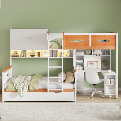 Twin Over Full Wooden Bunk Bed With Desk, Drawers, Shelves, And Cabinet, LED Light
