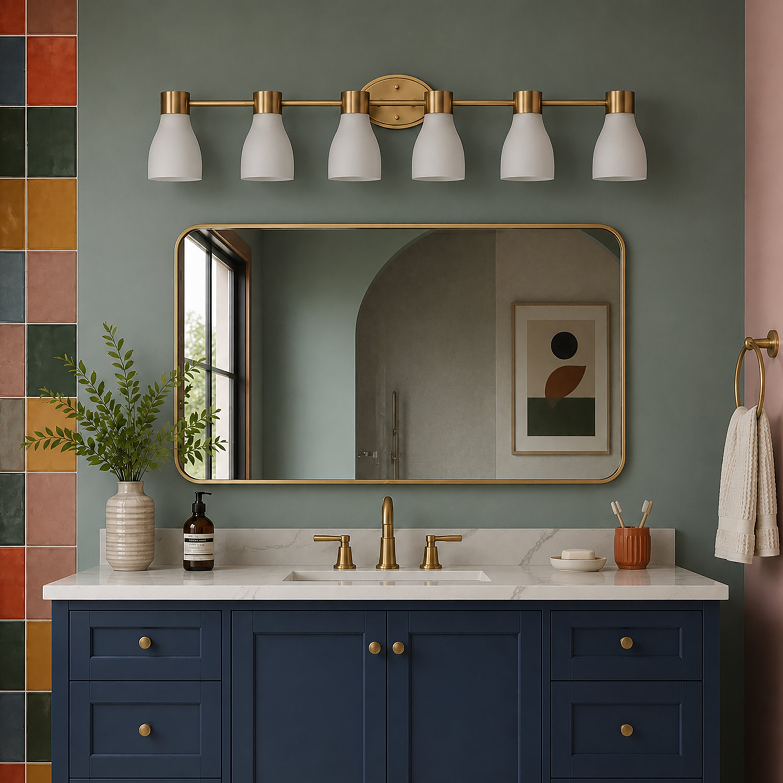 Jessa 6-Light Opal Glass Dimmable Vanity Light, Brushed Brass, 6