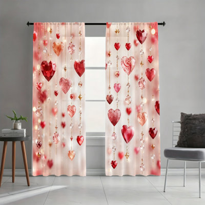 2 Panels Romantic Valentine Style Decor Light Filtering Curtains with Heart Shaped Crystal Bead Gold Star Accent Pattern, Spring Refresh Decor, Easy Hang Rod Pocket Design, All-Season Curtains for Home Living Room Bedroom Dormitory Decoration