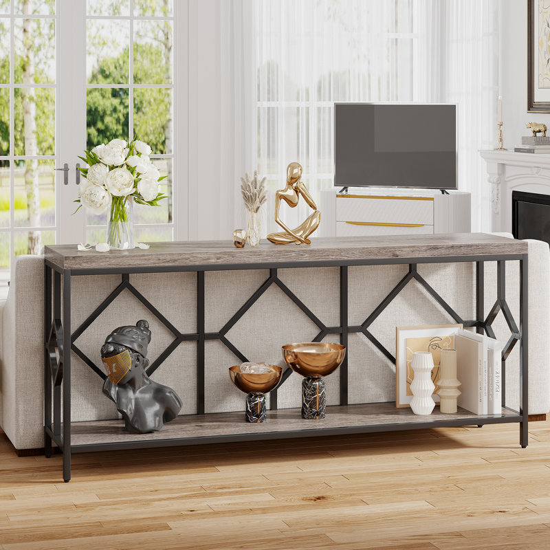 Très longue table d'appoint 70,86 po, console 2 niveaux, Gris / Noir