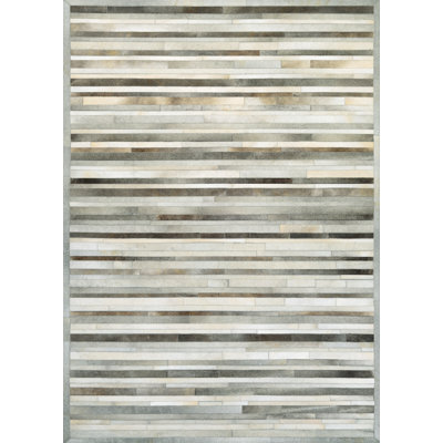 Orren Ellis Striped Grey Ivory Handmade Cowhide Area Rug