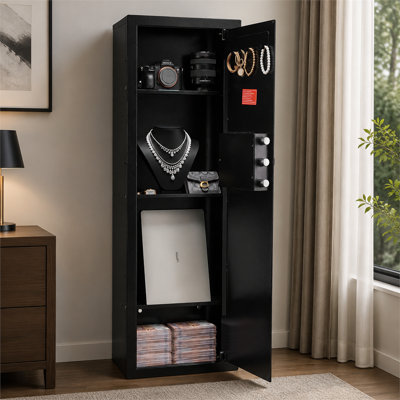 Coffre-fort mural noir à quatre couches dissimulé, acier laminé à froid Q235, clé à combinaison, double serrure, éclairage à DEL, tablettes réglables, armoire à bijoux et à argent comptant