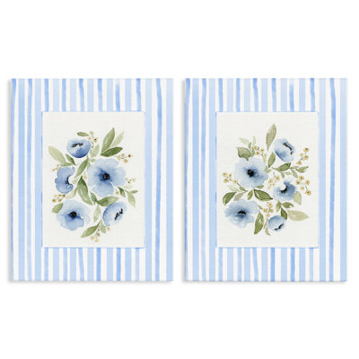 Fleurs bleues avec bordure rayée, ensemble de 2 toiles, par Leah Noel Art