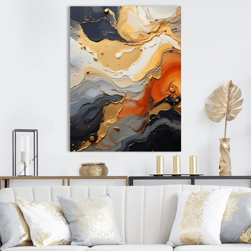Art mural doré et blanc Geode Lava II, H 32 po x l 16 po x P 1 po, Toile tendue