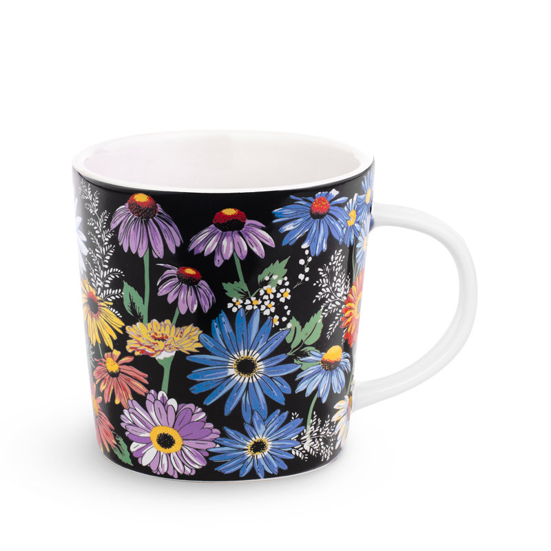 Floral Black Ceramic Mug with White Interior, 12 Ounces