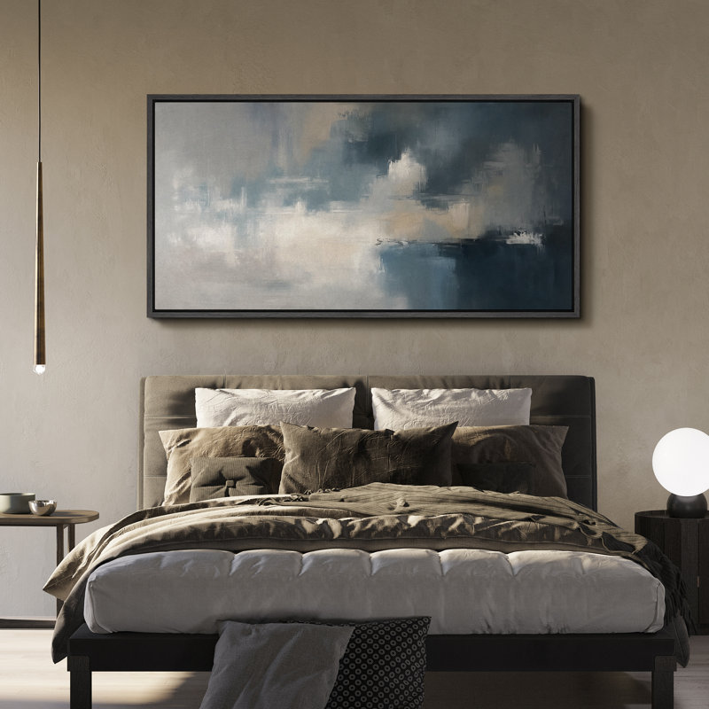 Blue and Grey Abstract Landscape Large Framed Canvas Print Wall Art for Modern Decor, Black, 30" H x 60" W
