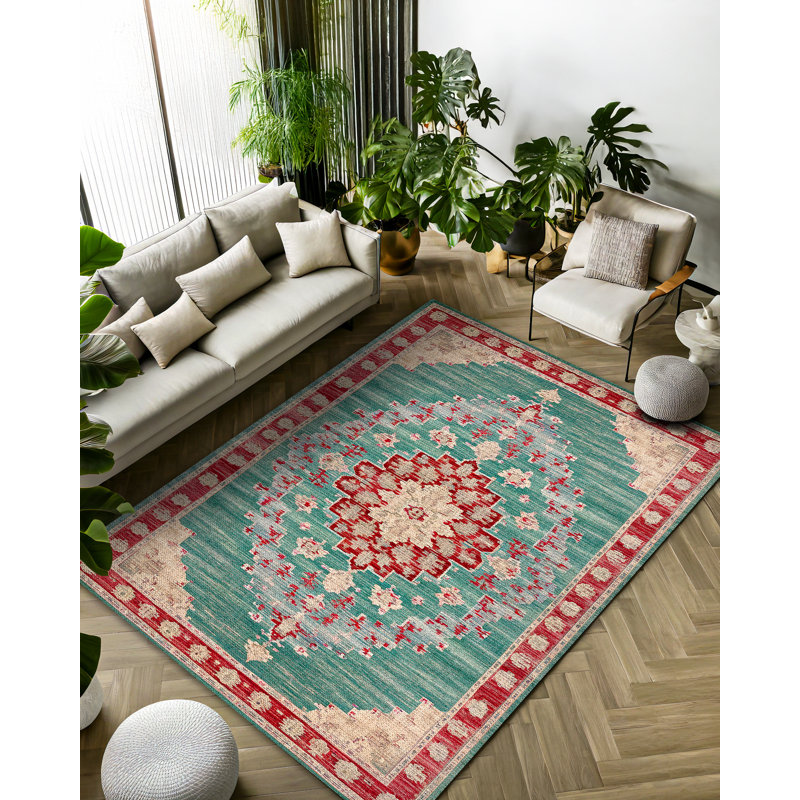 Tapis oriental en polyester imprimé bourgogne vert Girraj, Rectangle 6 pi 7 po x 11 pi 6 po