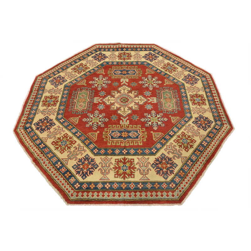 Tapis oriental en laine rouge tribal noué à la main 7 pi 7 po x 7 pi Kazak Kazak