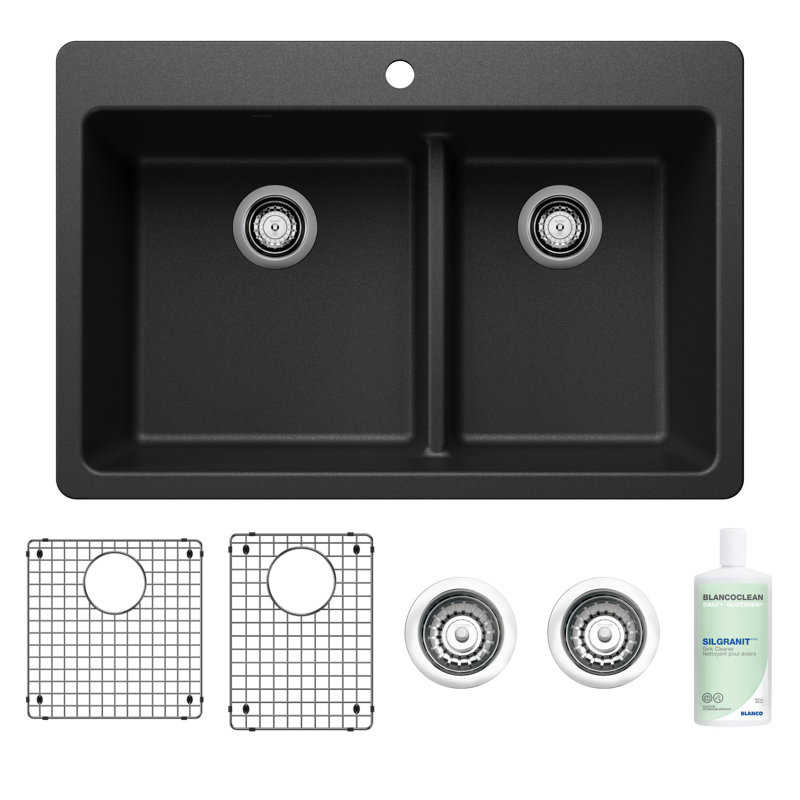 BLANCO 33" 60/40 Double Bowl Drop-In/Undermount Silgranit Kitchen Sink With Cleaner, Sink Grids And Basket Strainers In White