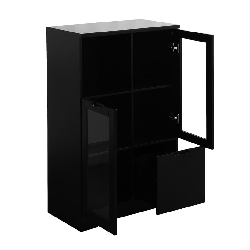 Armoire de plancher en bois avec 2 portes en verre et 2 espaces de rangement, entrée de salle de bain de salon, Black