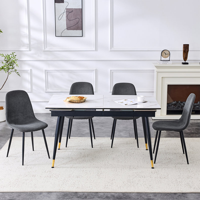 55'' - 79'' Extendable Sintered Stone Dining Table Set with Hidden Extension Leaf and Metal Legs, 5 Pieces: Table, 4 Chairs
