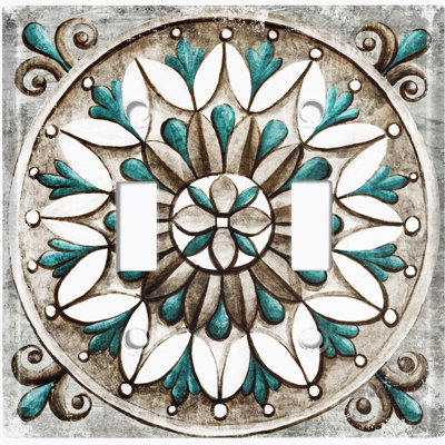 Metal Light Switch Plate Outlet Cover (Teal Flower Damask Grey - Single Toggle)