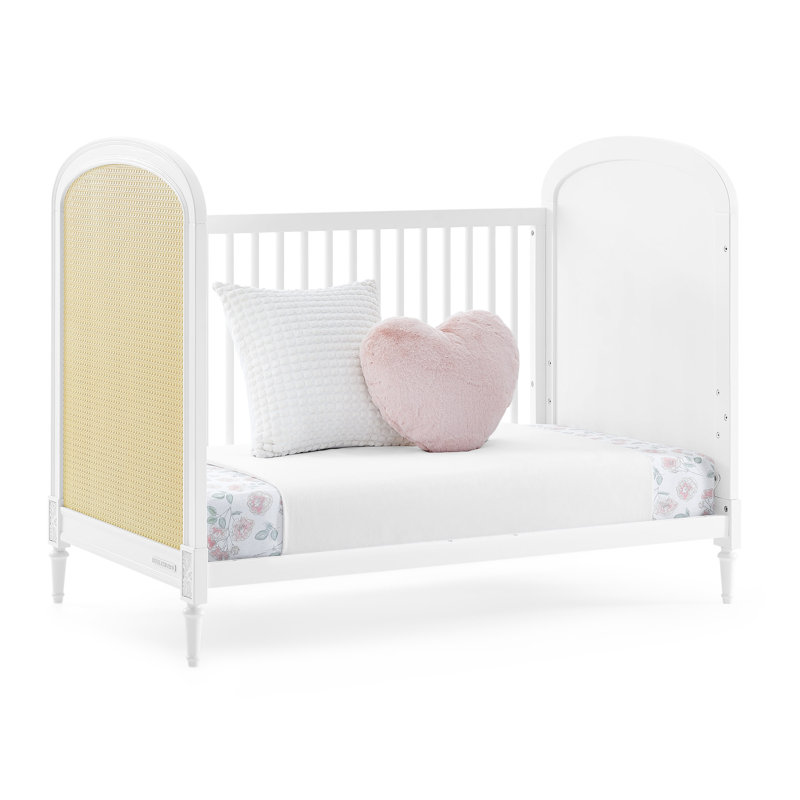 White and Natural Wood Convertible Toddler Crib with Cane Panels
