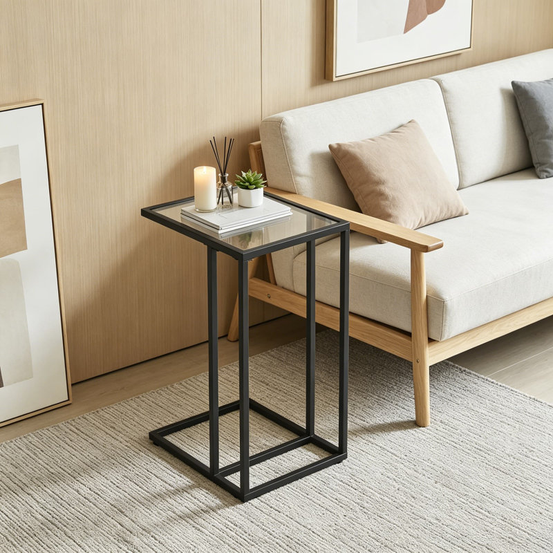 Table de bout en C avec plateau en verre trempé, structure en métal, table d'appoint pour petits espaces, table de canapé pour le salon, la chambre à coucher, le bureau