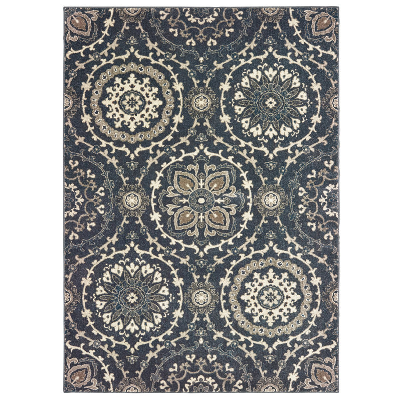 Tapis floral bleu marine / ivoire Fluker, Rectangle 12 pi x 15 pi