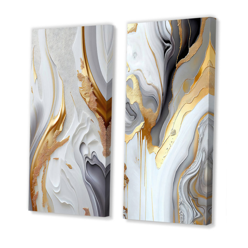 «White And Gold Marble Abstract I», 2 pièces sur toile, Toile tendue, H 40 po x l 40 po