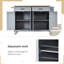Chariot pour îlot de cuisine avec plateau en bois massif stable, armoire à 4 portes, 2 tiroirs, porte-épices et porte-serviettes, roues verrouillables, plateau gris-bleu et tablettes-236776489