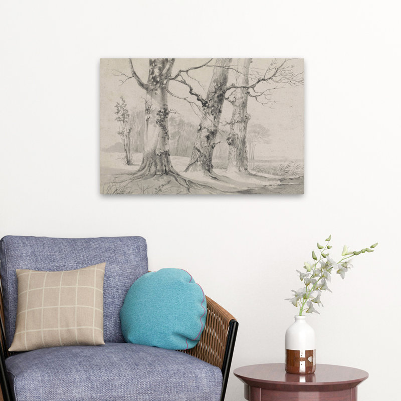 Arbres en hiver I - Dessin contemporain de troncs d'arbres au fusain, H 16 po x l 24 po