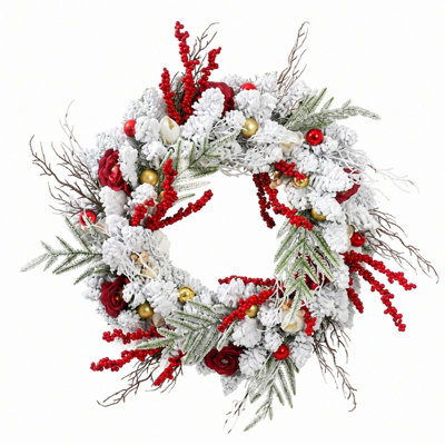 Couronne de Noël enneigée 17,7 pouces avec roses rouges et baies, décor de porte de vacances d'hiver