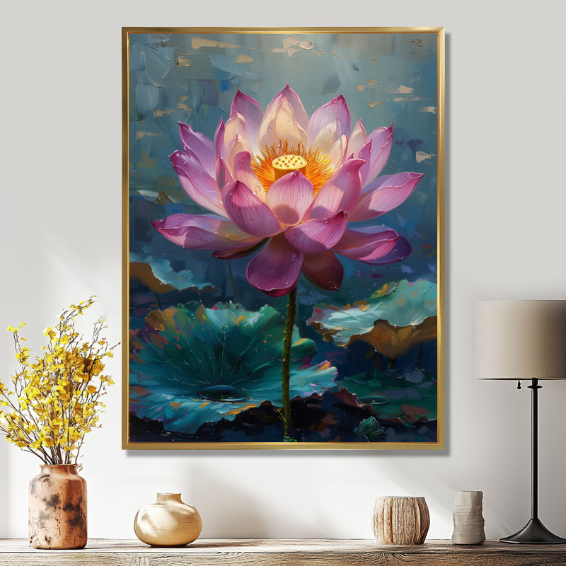 Étang de lotus rayonnant rose et vert III, Cadre flottant doré, H 30 po x l 40 po