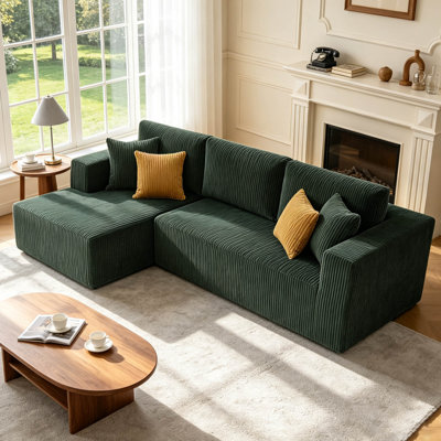 102" No-Assembly Corduroy Sectional Sofa with Compressed Foam, Dark Green 3-Seat Couch with Toss Pillows – Expandable Modular Design for Living Room