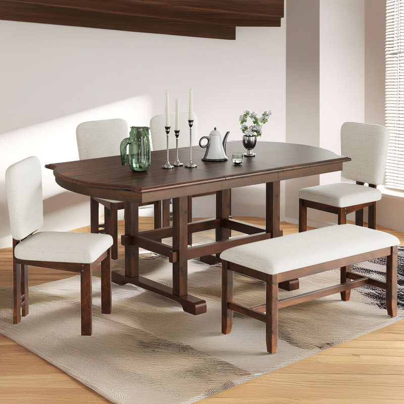 6-Piece Extendable Dining Set with Curved Tabletop & Bench Seating