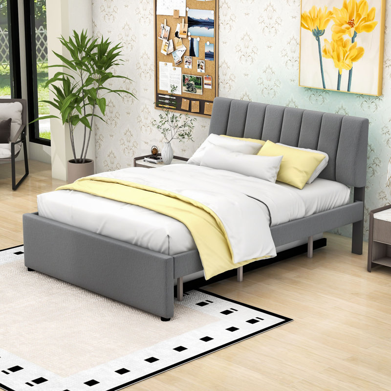 Lit double tapissier avec lit gigogne simple et lumière DEL, Gris