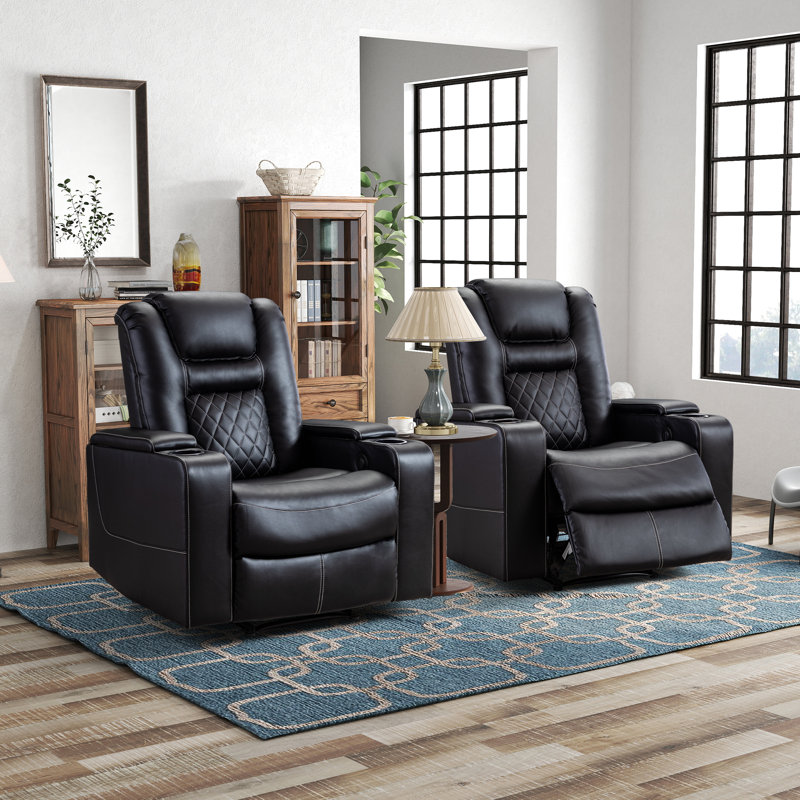 Wide Luxurious Individual Seat Faux Leather Recliners Man Cave Home  Theater Seats with USB Cup Holders Arm Storage Black Faux Leather