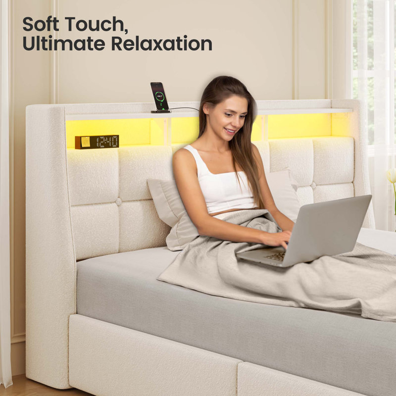 Upholstered Platform Bed Frame with Wingback Headboard, LED Lights & 4 Storage Drawers, White, Twin/Single