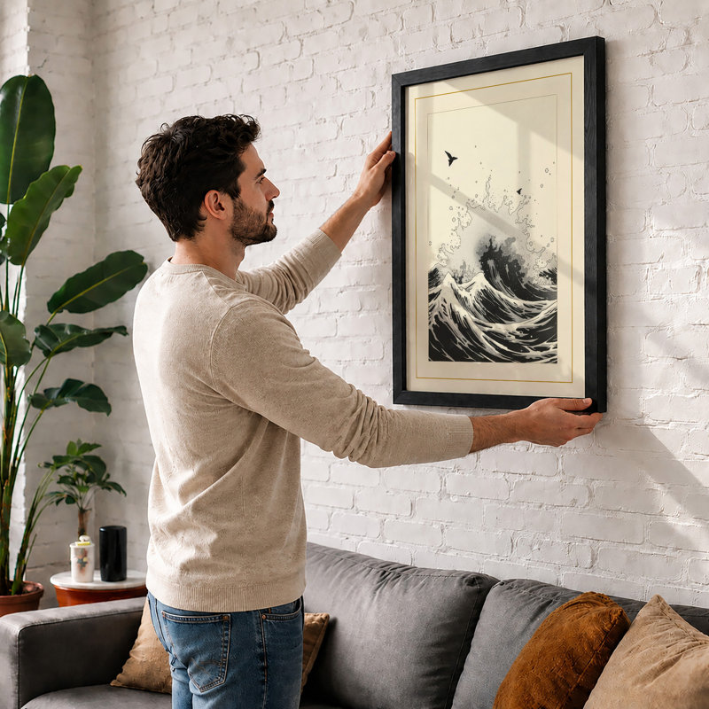 Cresting Wave Japandi - Framed Print, A3 - 42.0 x 29.7 cm, Walnut