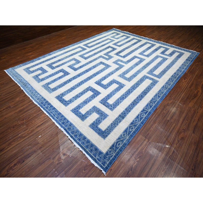 Tapis bleu en laine noué à la main 9 pi 1 po x 11 pi 8 po Peshawar D4E8336297634B5BA967BD70983E7EC8