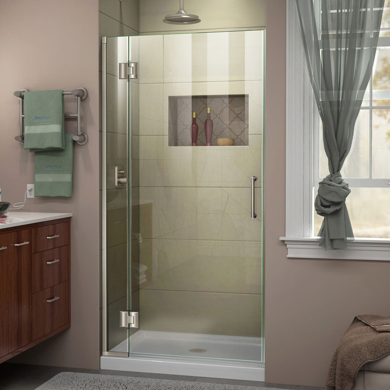 Porte de douche à charnière sans cadre en nickel brossé L 34 po x H 72 po DreamLine Unidoor-X, Réversible, Nickel brossé, 34"