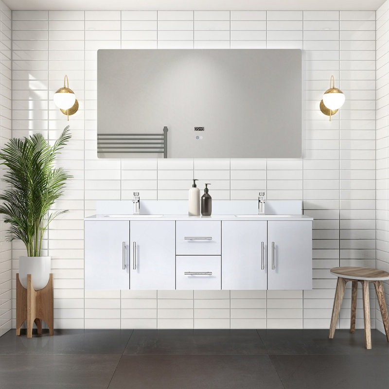 Meuble-lavabo double blanc lustré 60 po X P 22 po D, avec plateau en quartz blanc, Blanc lustré, H 19 po x l 60 po x P 22 po