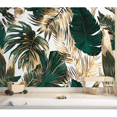 Papier peint adhésif à peler et coller, feuilles tropicales vertes dorées, blanc, sans soudure, papier autocollant amovible de style Hawaii, décoration murale pour salon, chambre à coucher H 69 po x l 96 po