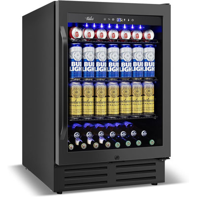 24 Inch Beverage Refrigerator Under Counter, 24" Space Built-In Beer and Drink Fridge with Glass Door for Soda, Water, and Milk - For Kitchen, Bar or Office