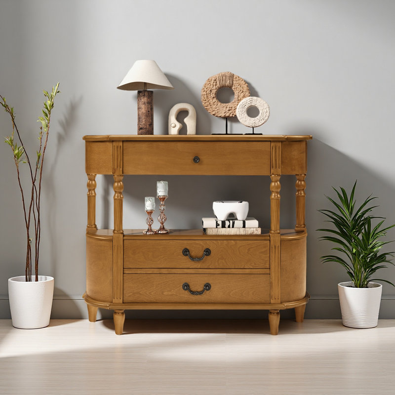 Console rétro en bois courbé avec 3 tiroirs, table d'entrée de 43 po avec tablette de rangement, canapé derrière le canapé et pieds en bois massif