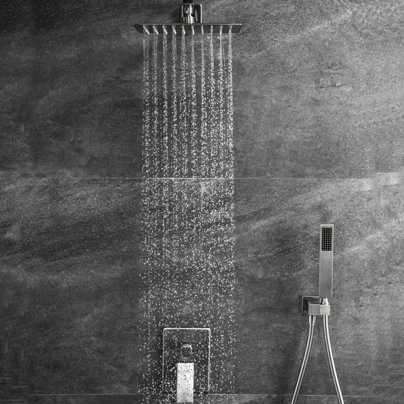 Douche 10 po, pomme de pluie carrée, nickel brossé, balance, 2 têtes, laiton massif, fixation murale,